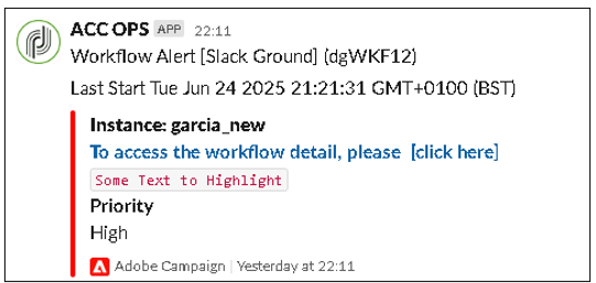 Adobe Campaign Classic slack custom activity JSON template