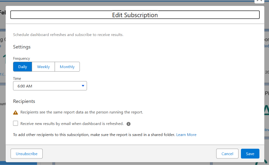 Salesforce subscription settings for dashboard