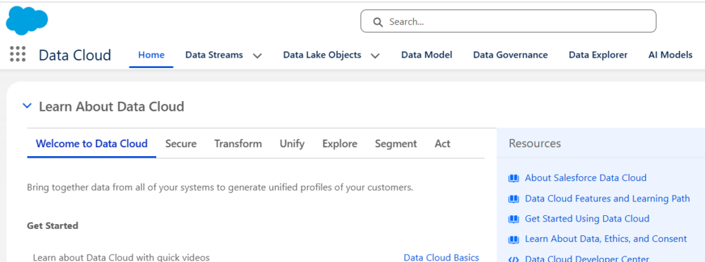 Salesforce Data Cloud home page