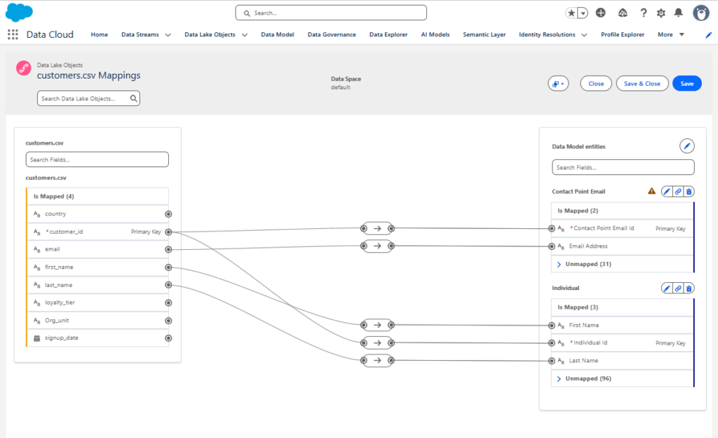 Salesforce Data Cloud mapping Data Lake Object to Data Model Object