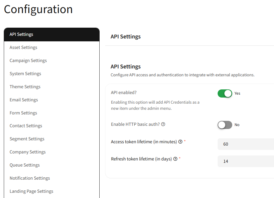 Mautic API Settings