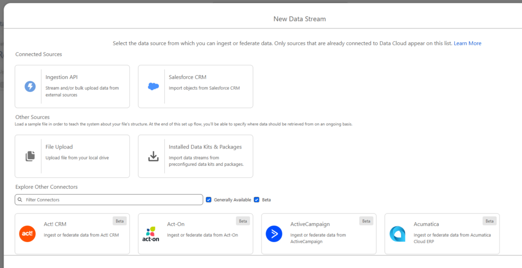 Data stream options for Salesforce Data Cloud