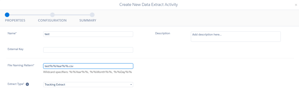 Data extract activity setup for tracking extract