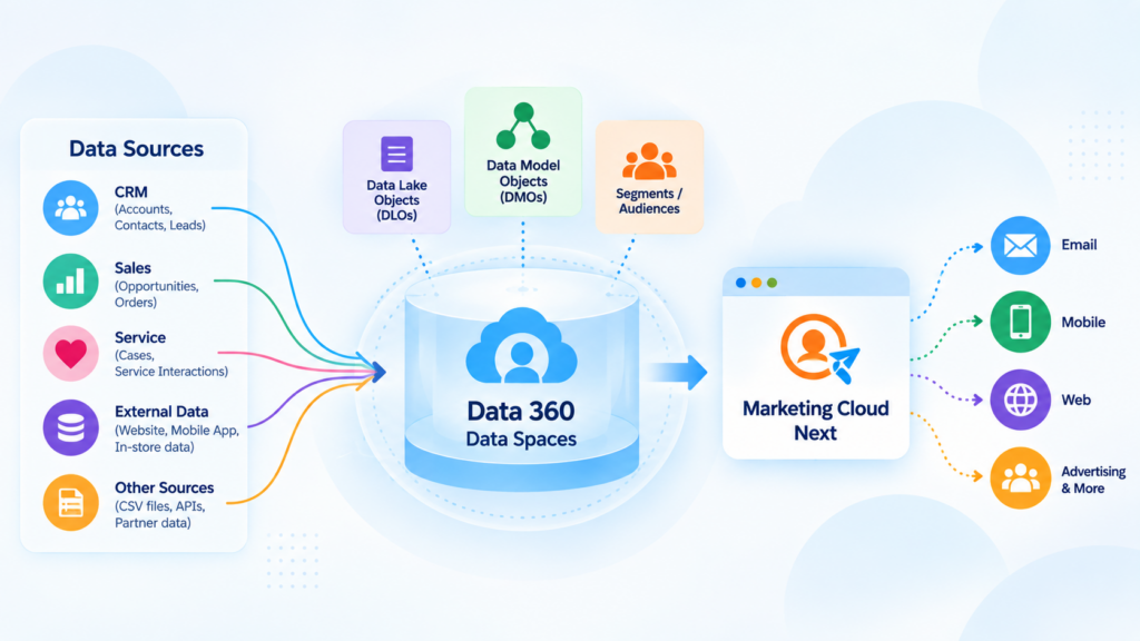 This image shows how data from CRM, Sales, Service, websites, mobile apps, and other sources flows into Data 360 Data Spaces, where it is organised using DLOs and DMOs before supporting audience segmentation and activation through Marketing Cloud Next across email, mobile, web, and advertising channels.