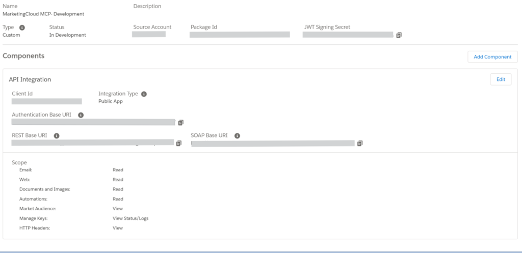 Marketing Cloud Installed Package details showing the API Integration, Client ID, Authentication Base URI and configured permission scopes.