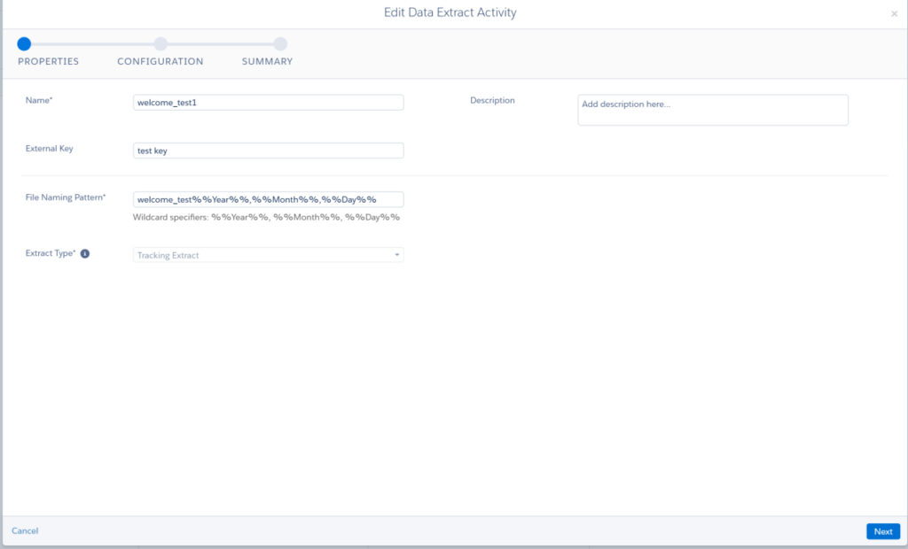 In this image we can see Properties of Data extract activity.