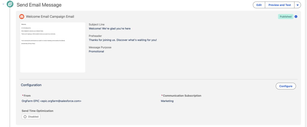 here we can see email subject line, pre header, message purpose and configuration.