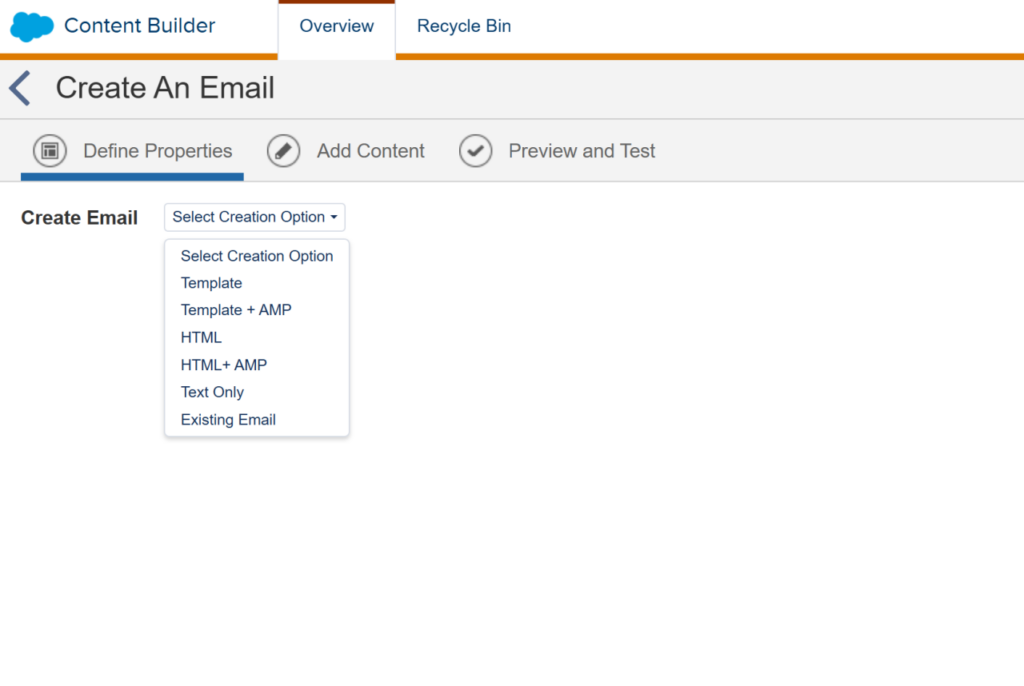 Selecting an email creation method in Content Builder.