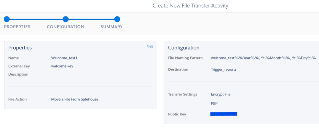 In this Image we can see File tranfer activity such as Properties, File action and Configuration