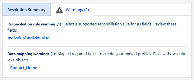 Rule set warnings in identity resolution for salesforce data cloud