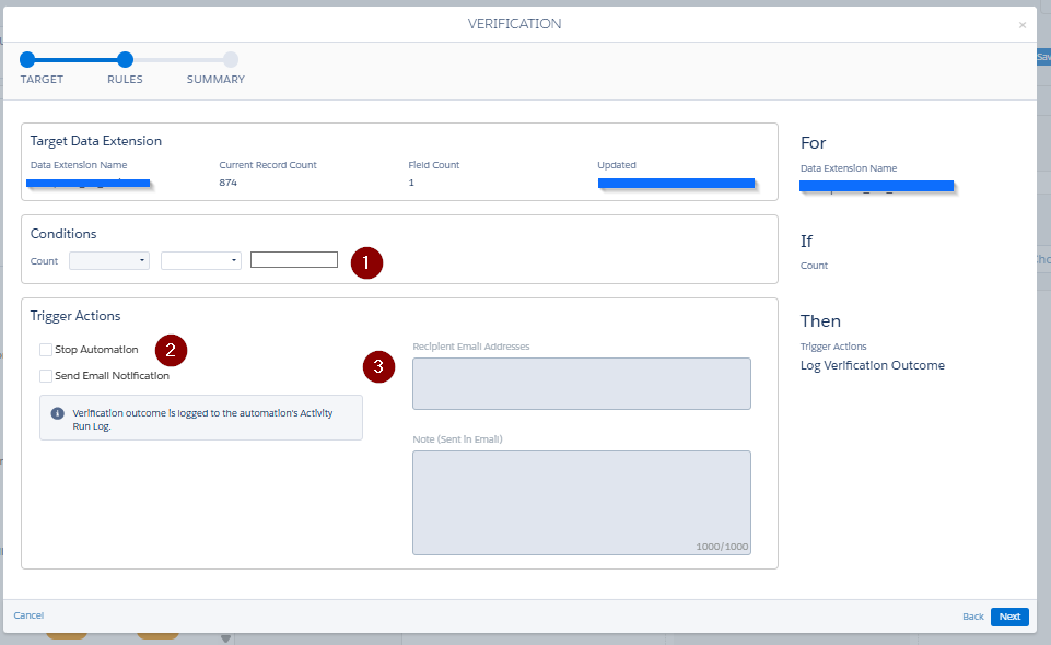 Salesforce Marketing Cloud Automation Studio verification activity setup conditions and Action