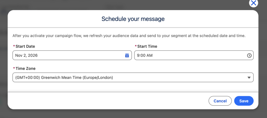 Shows the Start Date, Start Time and Time Zone fields.